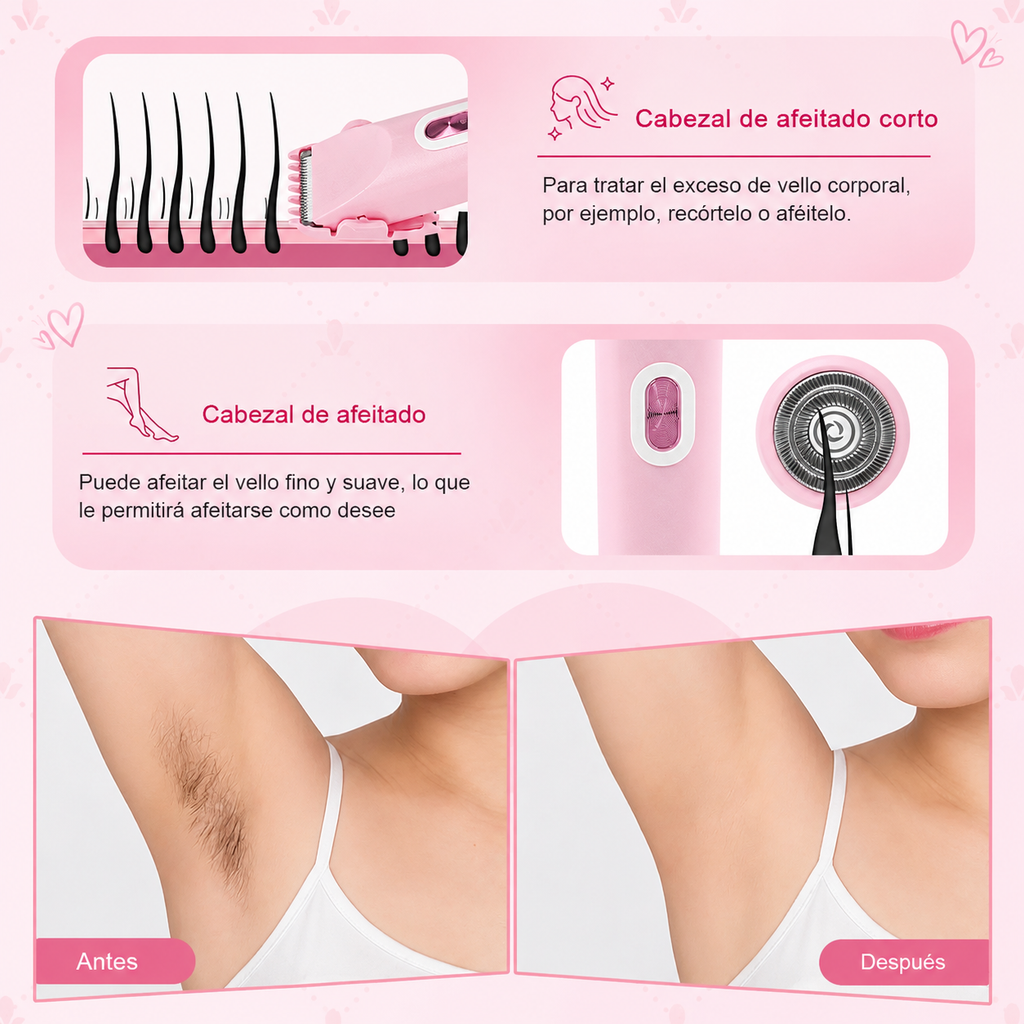 Depiladora 2 en 1: Doble cabezal para rasurar y depilar todo el cuerpo